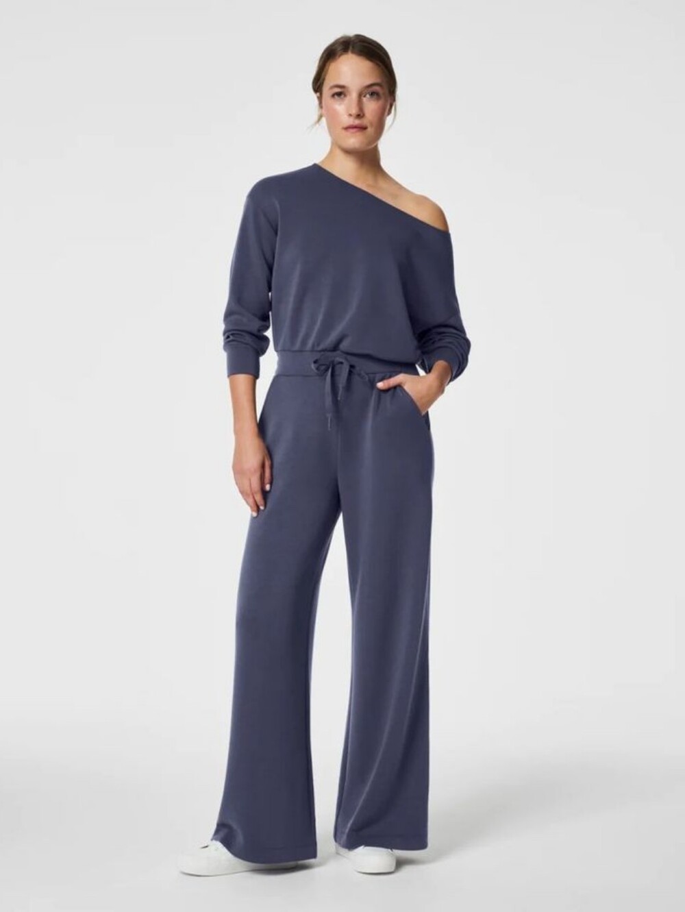 Spanx AirEssentials Off Shoulder Jumpsuit Blue Size SP Wide Leg Slouchy Lounge
